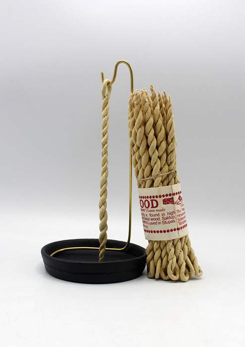 Homemade Sandalwood Nepali Rope Incense and Ceramic Base Plate with Brass Stand Set