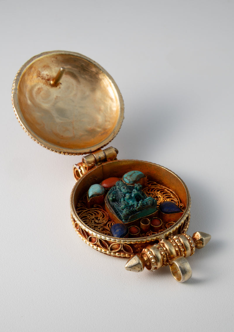 Gold Plated Green Tara Tibetan Ghau with Stones