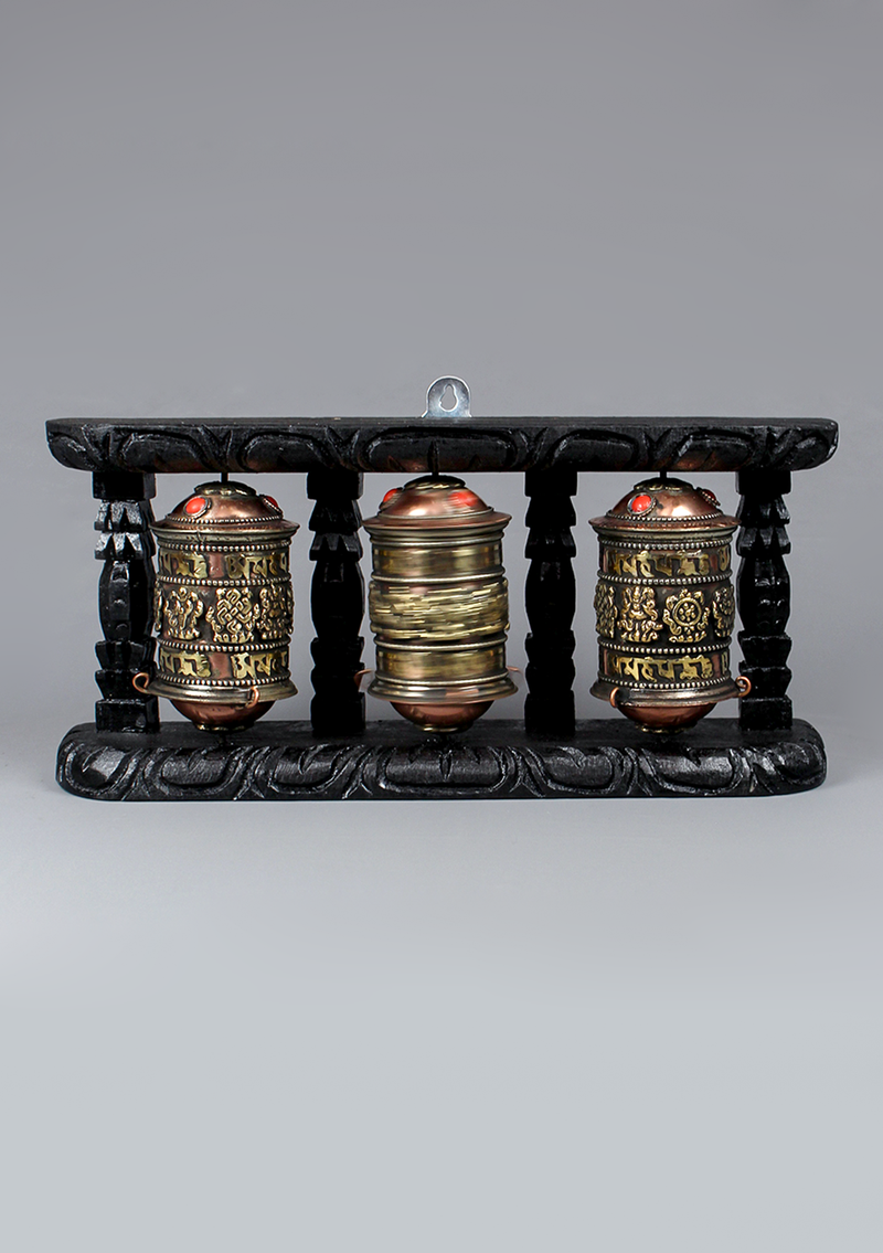 8 Auspicious Symbol 3-in-1 Prayer Wheel Wooden Frame Hanging