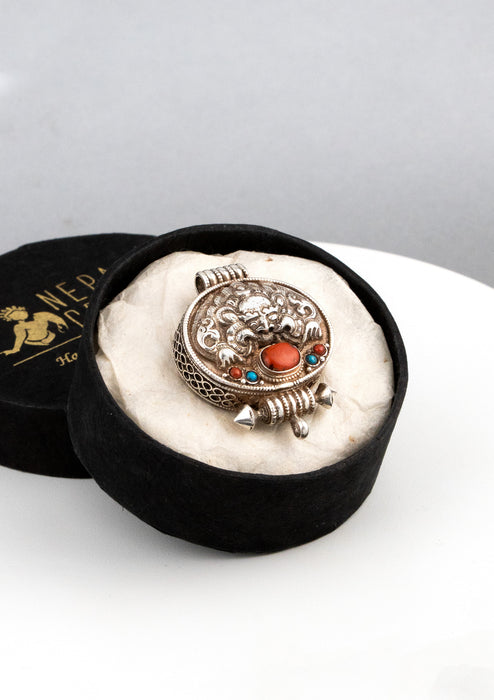 Sterling Silver Tibetan Cheppu Ghau with Coral and Turquoise Inlays