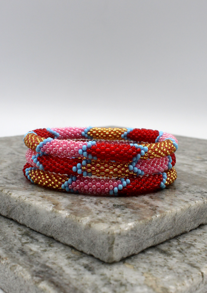 Red Pink Stripe Nepalese Roll on Beads Bracelet