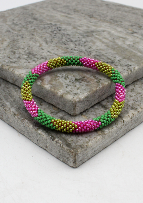 Green Pink Stripe Nepalese Roll on Beads Bracelet