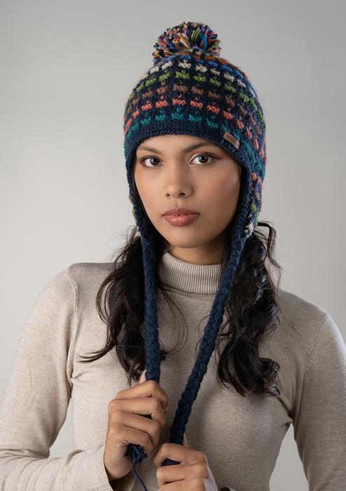 Handknitted Deep Blue Multicolor Dotted Pompom Sherpa Cap