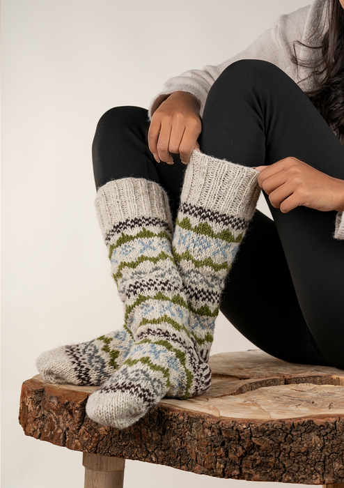 Hand Knitted White and Olive Green Knee High Socks