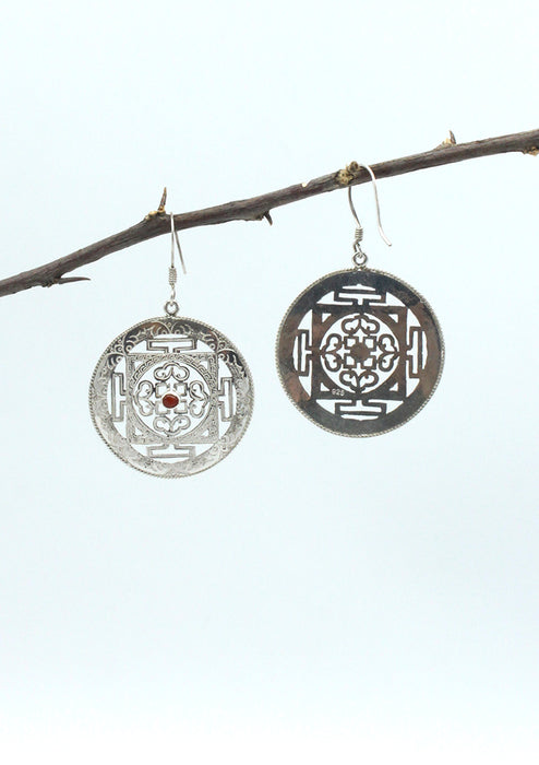 Sterling Silver Coral Inlaid Mandala Earrings
