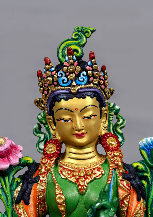 Green Tara Handpainted and Partly Gold Gilded Statue