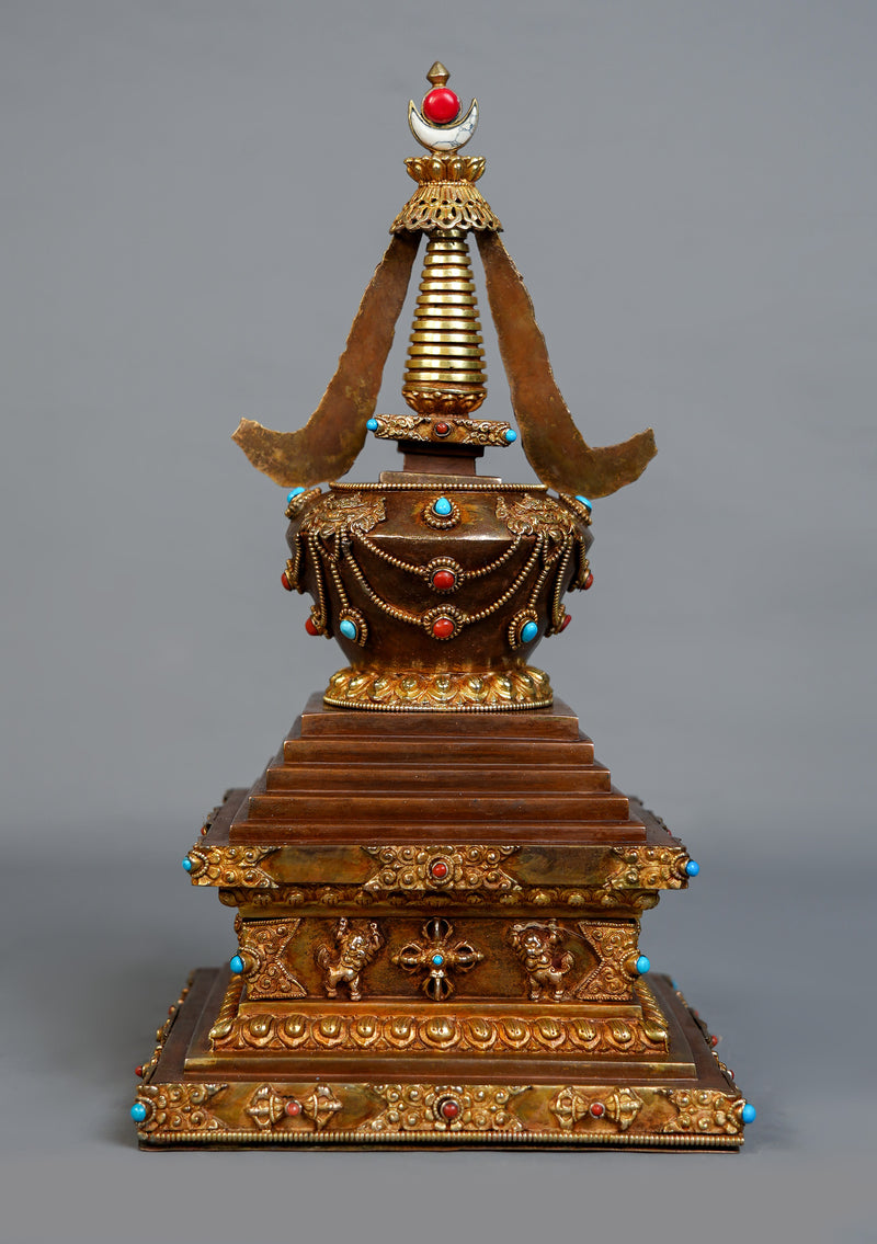 Handcrafted  Gold Plated Chorten Stupa 13" H