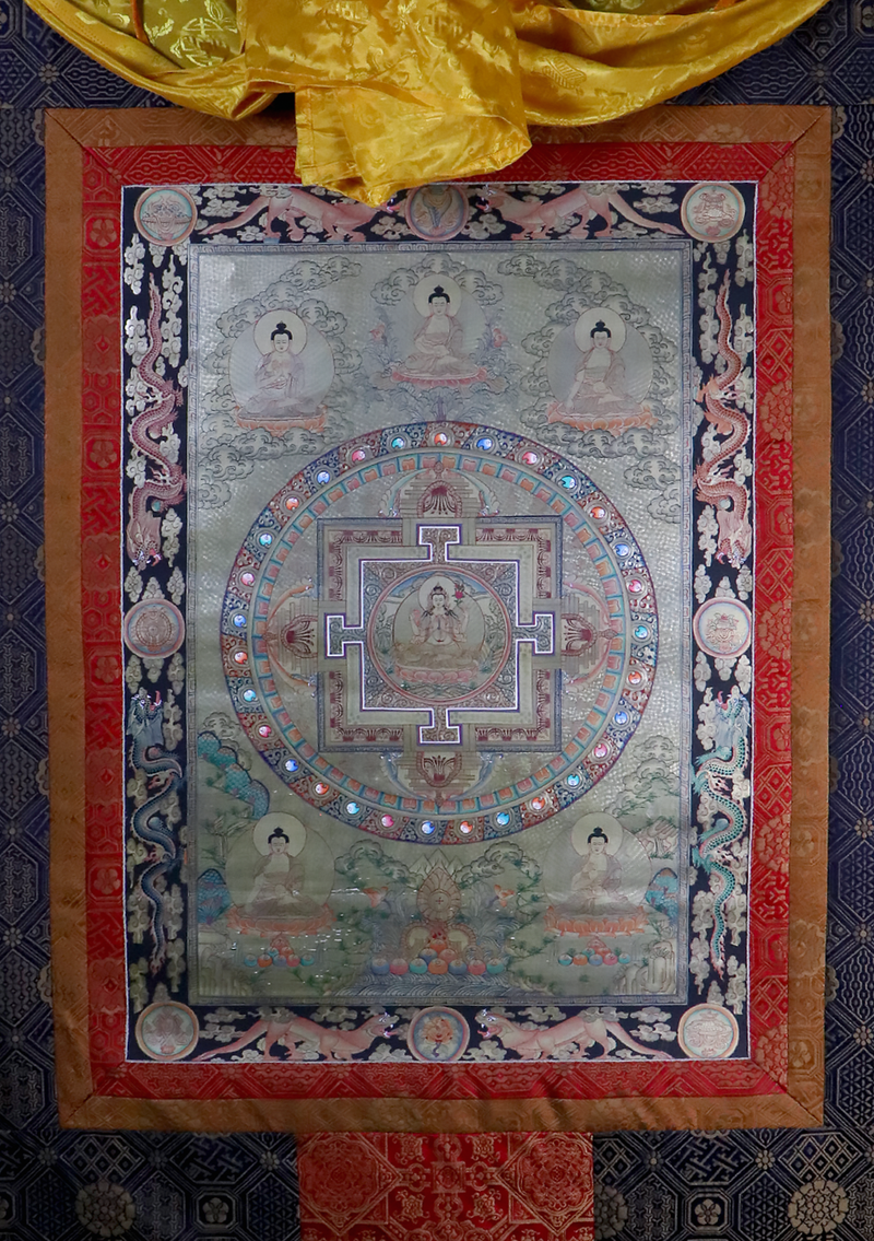 Pancha Buddha Mandala Silver  Brocade Thangka Painting