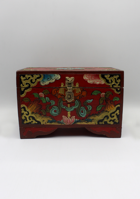 Handpainted Tibetan Flower Wooden Box with Parasol- Large