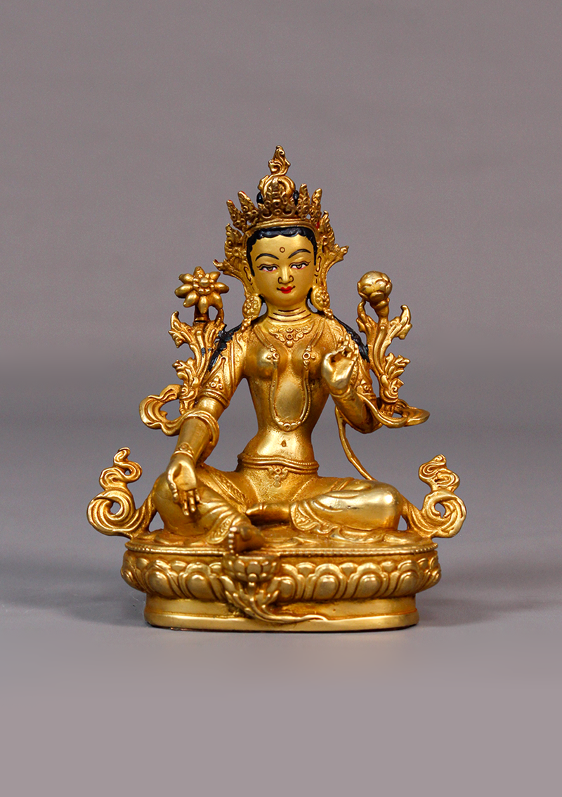 Fully Gold Plated Green Tara Statue 4.25"H