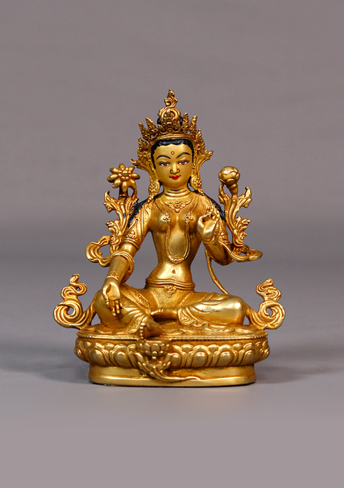 Fully Gold Plated Green Tara Statue 4.25"H
