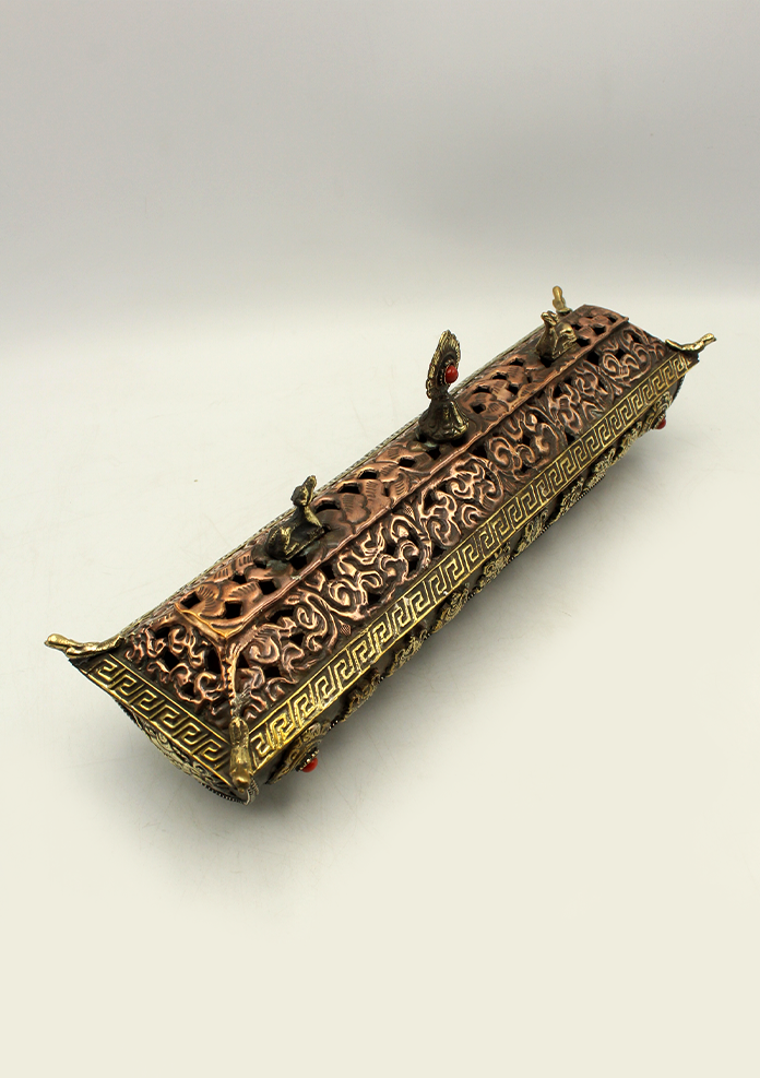 Coral Inlaid Tibetan Incense Burner with 8 Auspicious Symbols