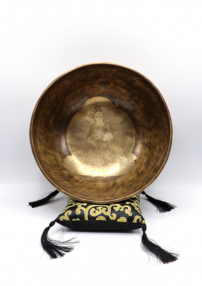 Green Tara Carved Tibetan Handmade Full Moon Meditation Singing Bowl
