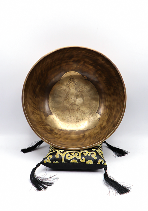 Green Tara Carved Tibetan Handmade Full Moon Meditation Singing Bowl