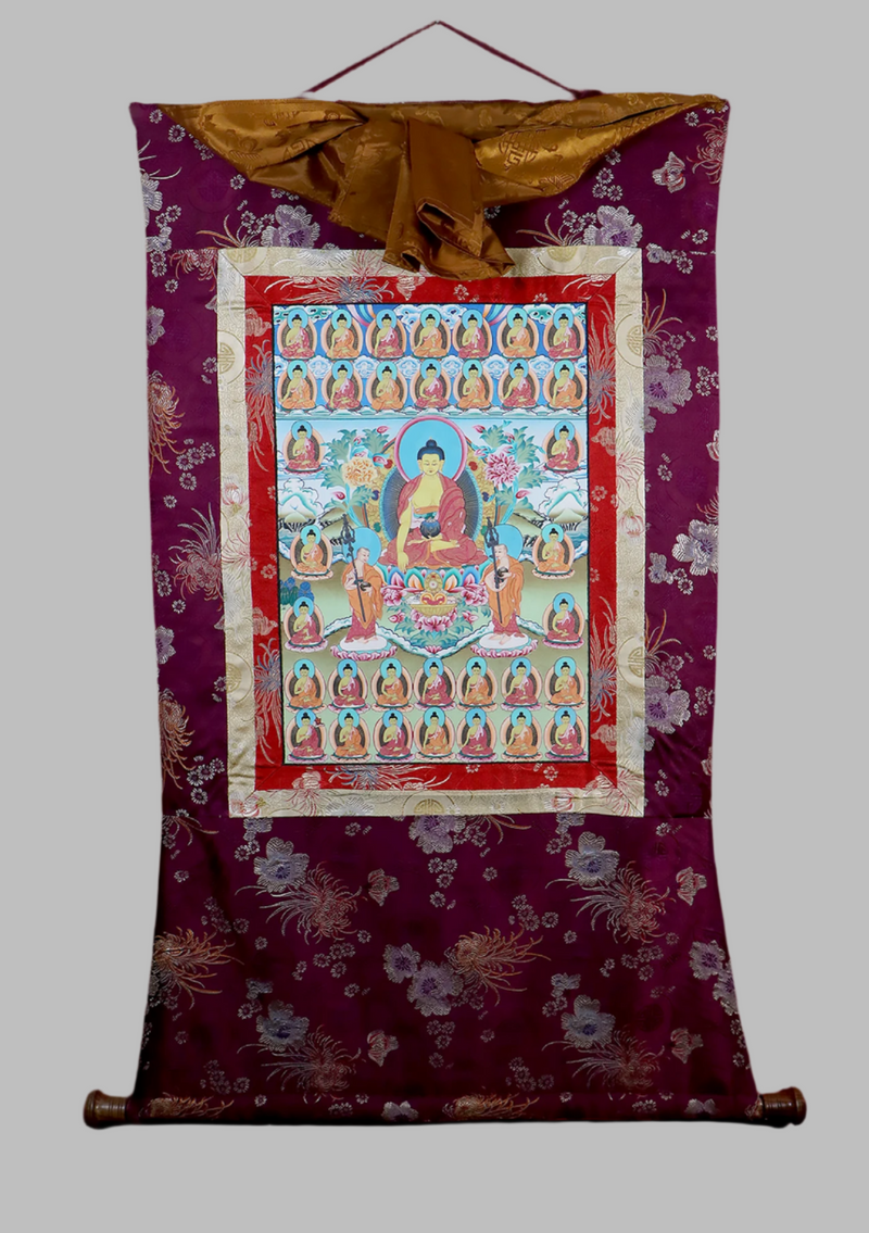 Shakyamuni Buddha with 34 Buddha Brocade Thangka Painting