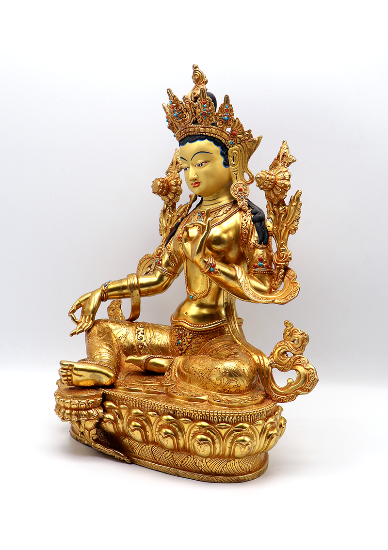 Green Tara Dolma 24 K Gold Stone Inlaid  Copper Statue 14"H