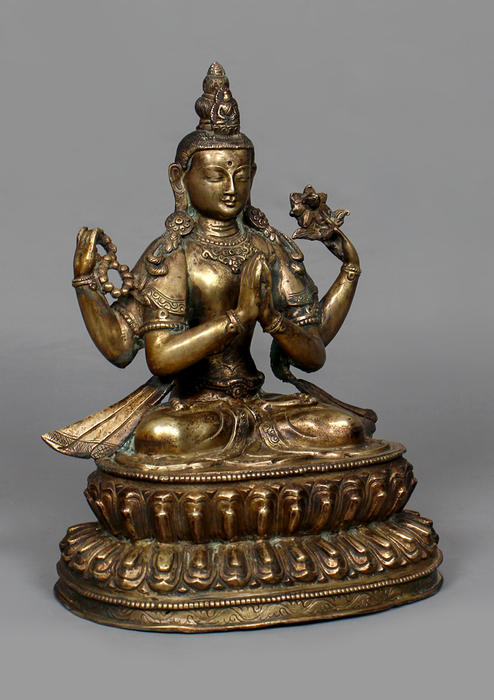 Antique Style Copper Chenrezig Statue 10" H