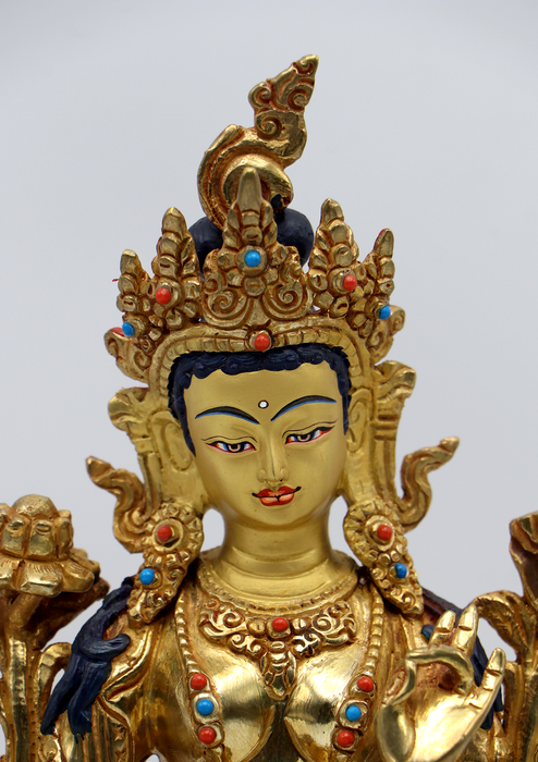 Full Gold Plated Copper Filigree Green Tara Statue 9"H