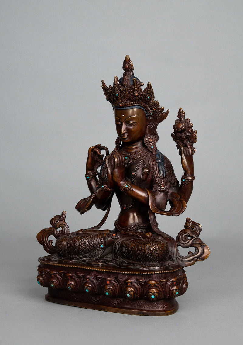 Handcrafted Copper Chenrezig (Avalokiteshvara) Statue with Stone Inlay