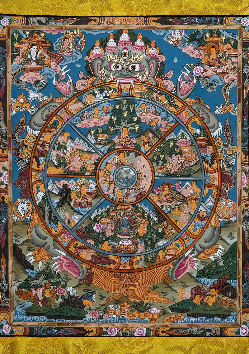 Wheel of Life Thangka Painting with Brocade