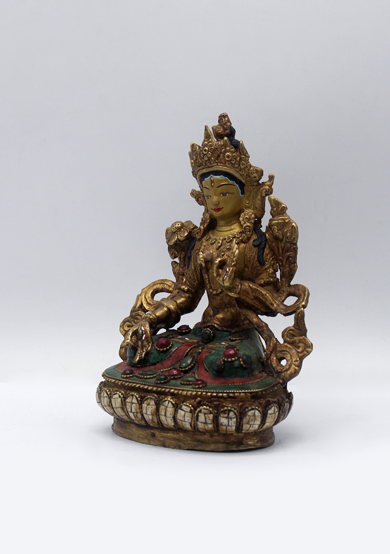 Stone Inlaid Copper White Tara Statue 6"H