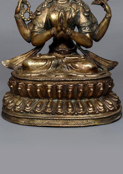 Antique Style Copper Chenrezig Statue 10" H