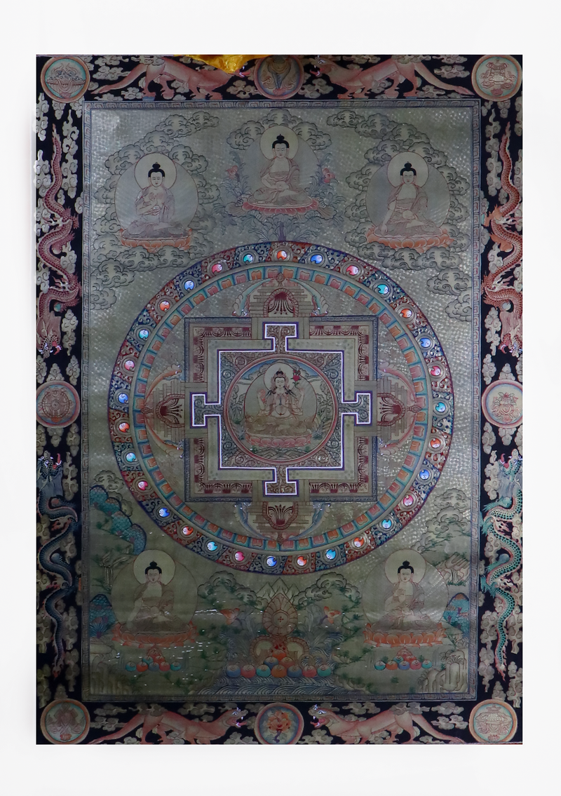 Pancha Buddha Mandala Silver  Brocade Thangka Painting