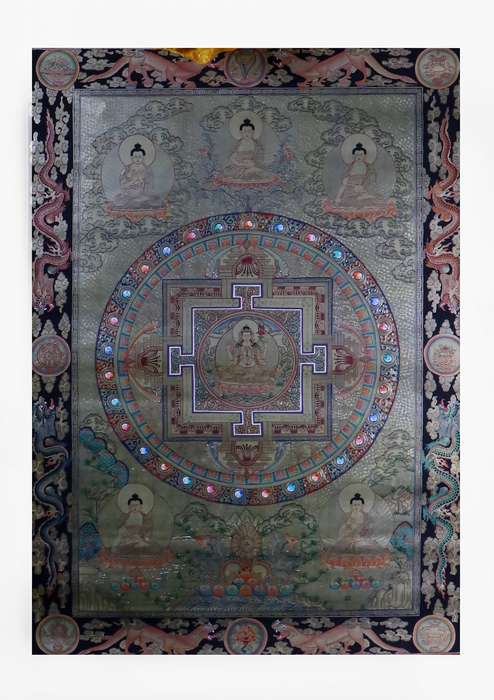 Pancha Buddha Mandala Silver  Brocade Thangka Painting