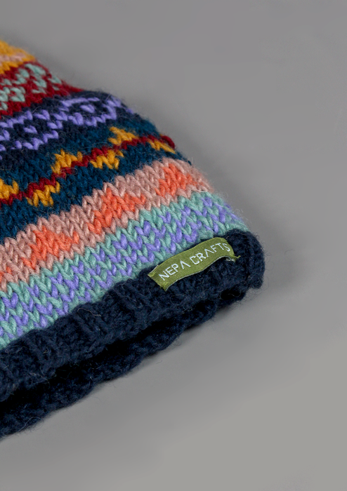 Handknitted Woolen Dark Blue Multicolor Pompom Beanie