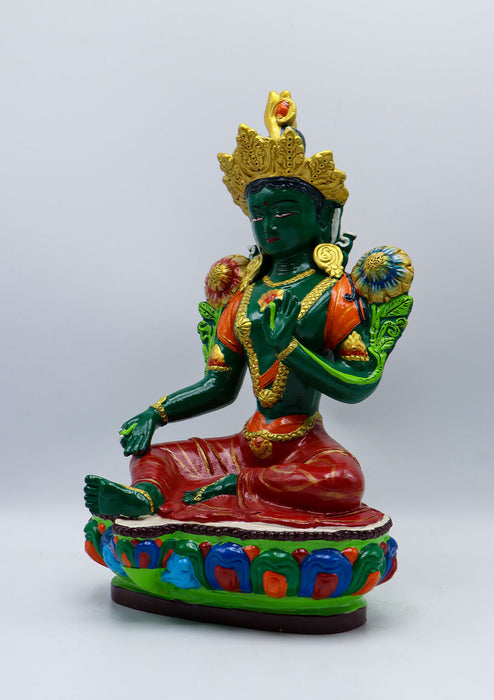 Hand-Painted Terracotta Green Tara Statue 13.5"