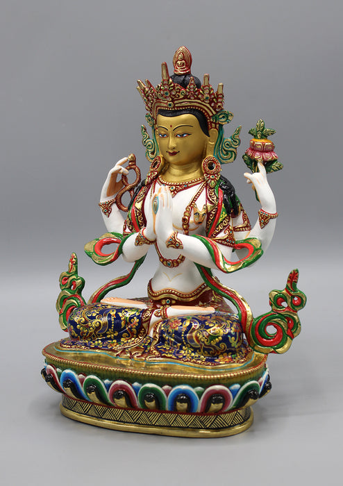 Hand Painted Four Armed White Chenrezig Partly Gold Plated Statue