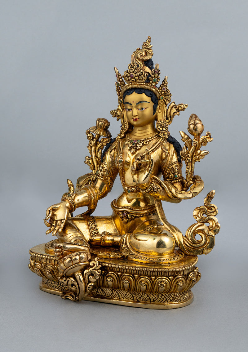 Fully Gold Plated Green Tara Statue with Stone Inlays 9.5"H
