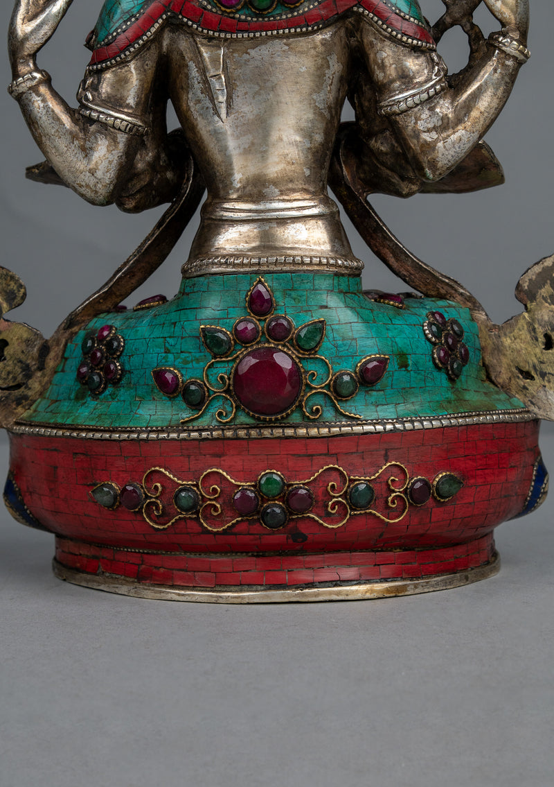 Silver Plated  Stone Inlaid  Four arms Chenrezig Statue