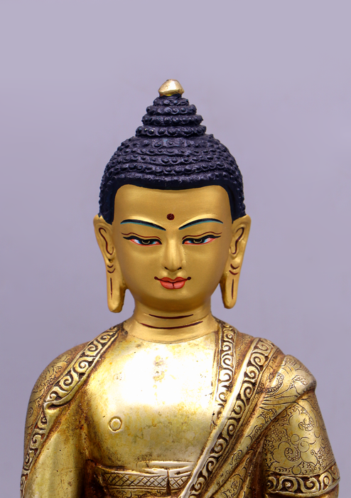 Fully Gold Plated Stone Inlaid Shakyamuni Buddha Statue