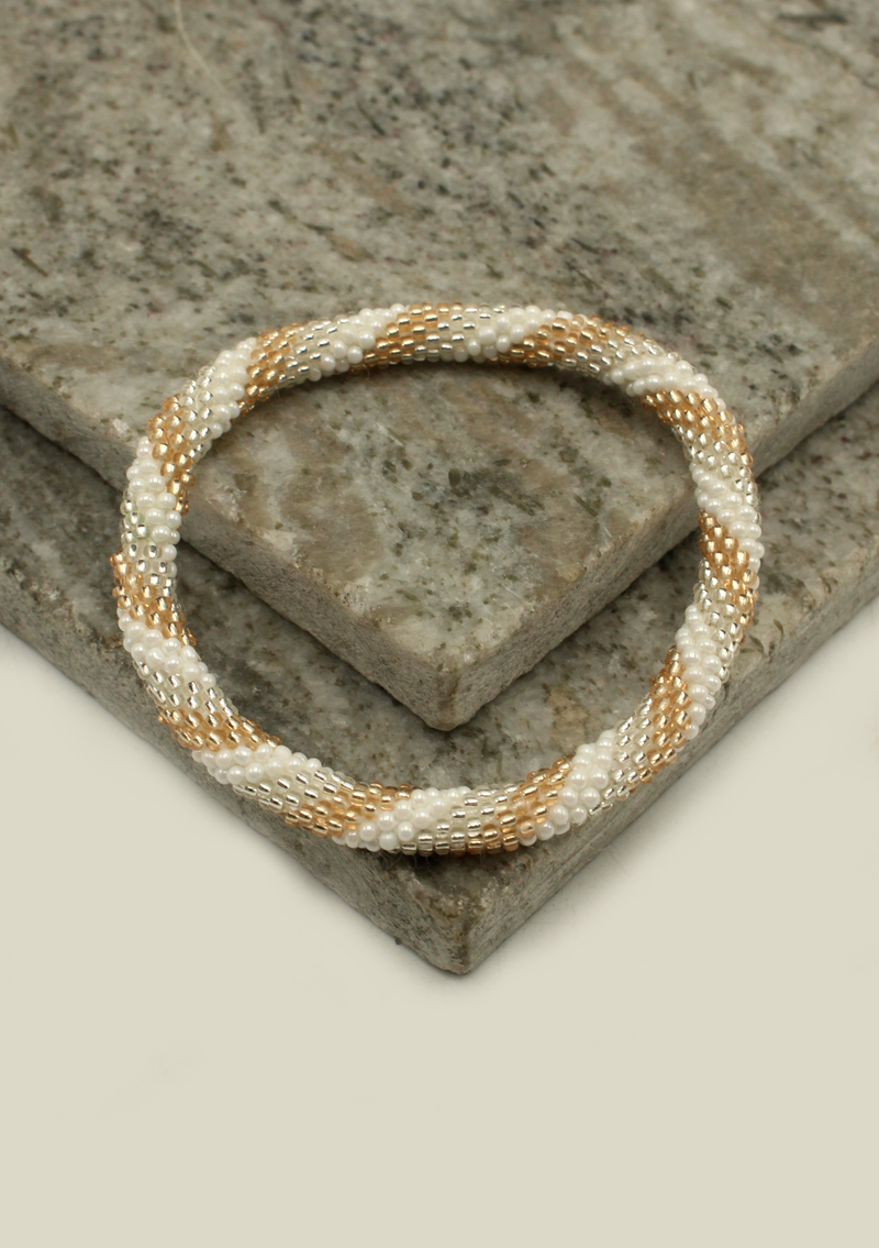 Spiral White Silver Roll on Beads Bracelet