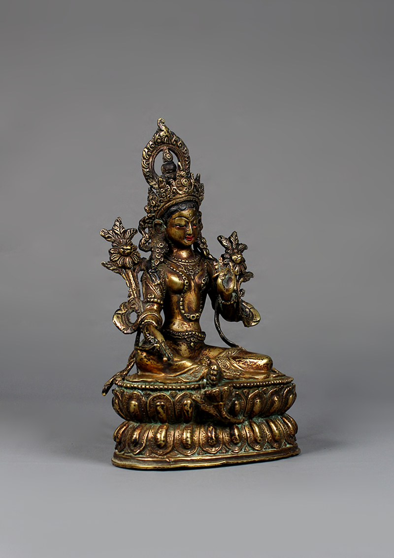 Antique Style  Gilted Green Tara Statue 8.5"