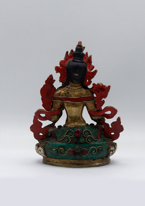 Stone Inlaid Copper Green Tara Statue 6"H (3)