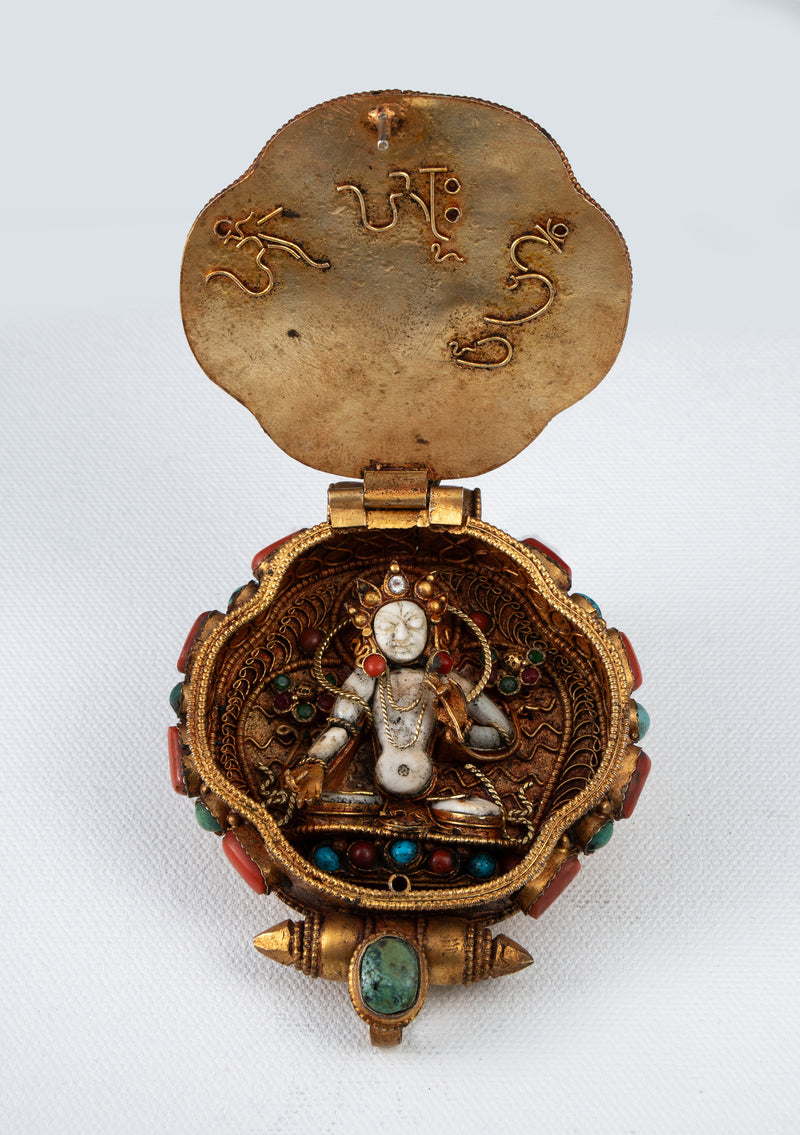 925 Silver Tibetan Ghau with Gold Plating and Stones- Green Tara & White Tara