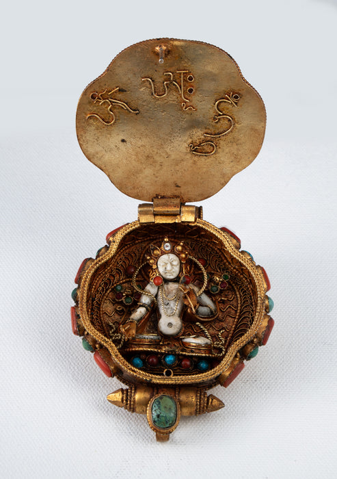 925 Silver Tibetan Ghau with Gold Plating and Stones- Green Tara & White Tara