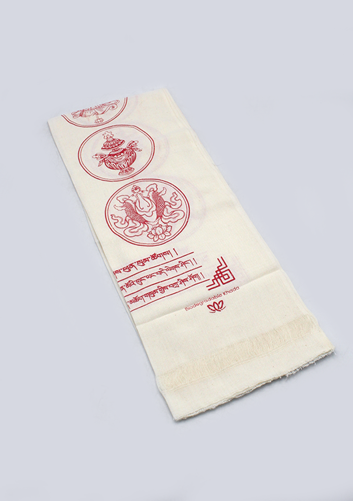 Biodegardable Eight Auspicious Symbol Buddhist Offering Scarf  Red Khada