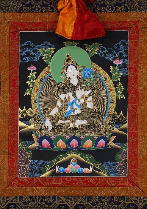 White Tara Brocade Thangka Painting with Gold Highlights