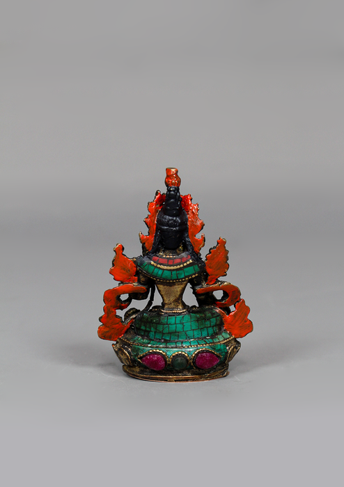 Stone Inlaid Copper Green Tara Statue 3" H