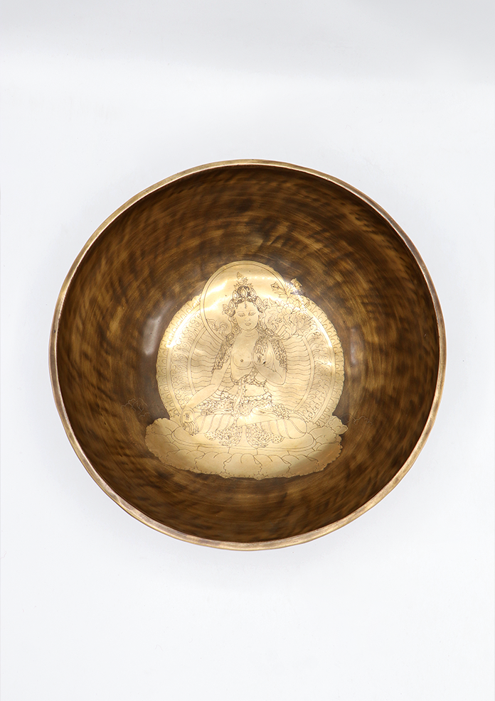 Green Tara Carved Tibetan Handmade Full Moon Meditation Singing Bowl