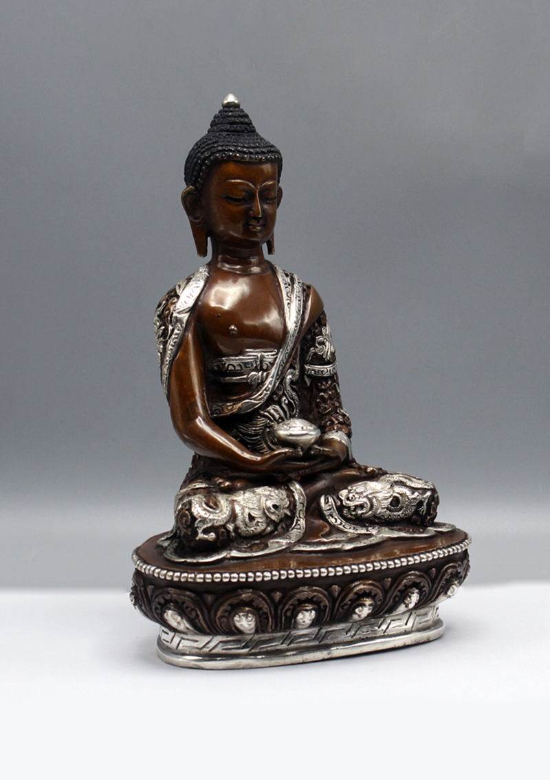 Silver Copper Amitabha Buddha Statue 8"H