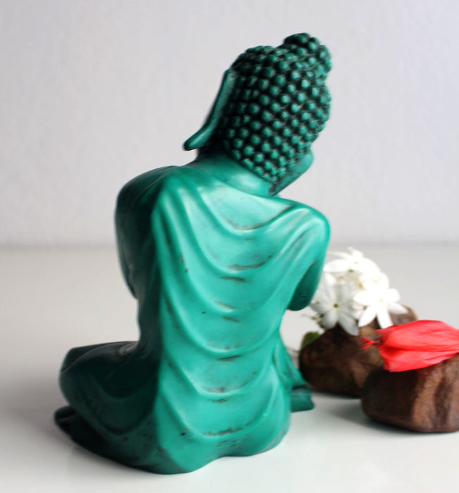 Turquoise Toned Green Resin Statue of Resting Buddha 7.5" High