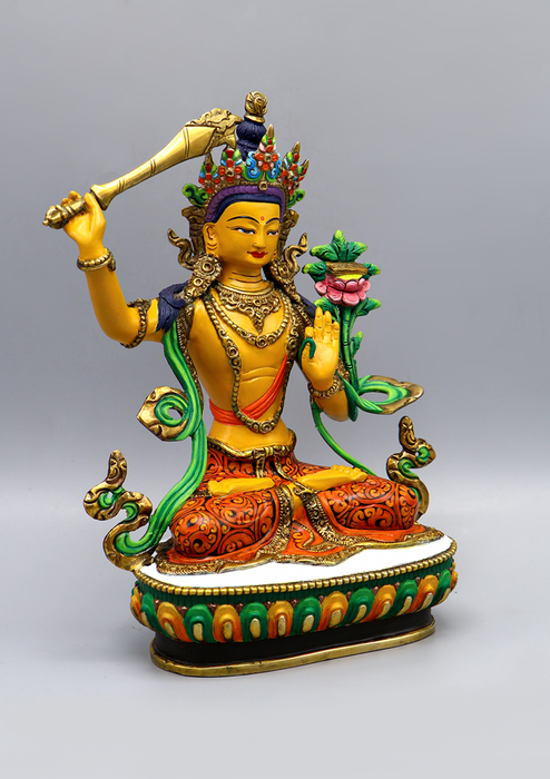 Hand Painted Gold Plated Manjushree Statue 9"H by Archana Shakya