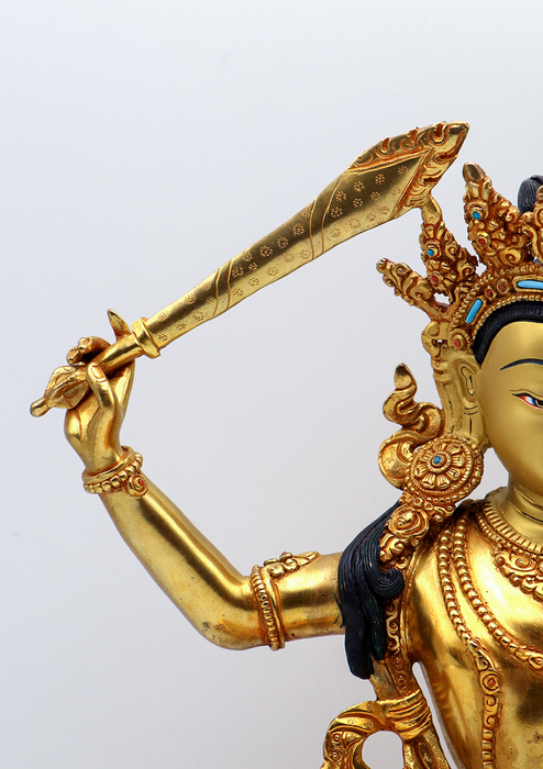God  of Wisdom 24 K Gold  Manjushree Copper Statue 12.5"H