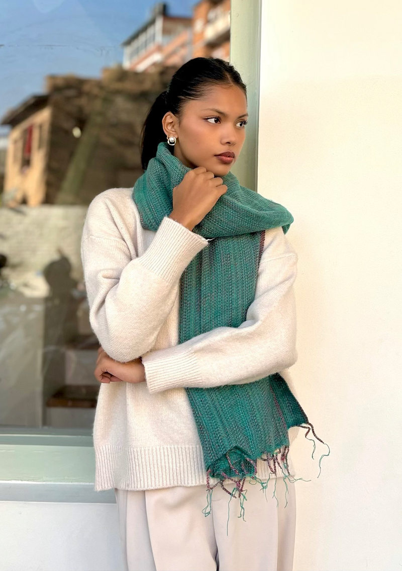 Hand loomed Green Striped Yak Wool Shawl Nepal