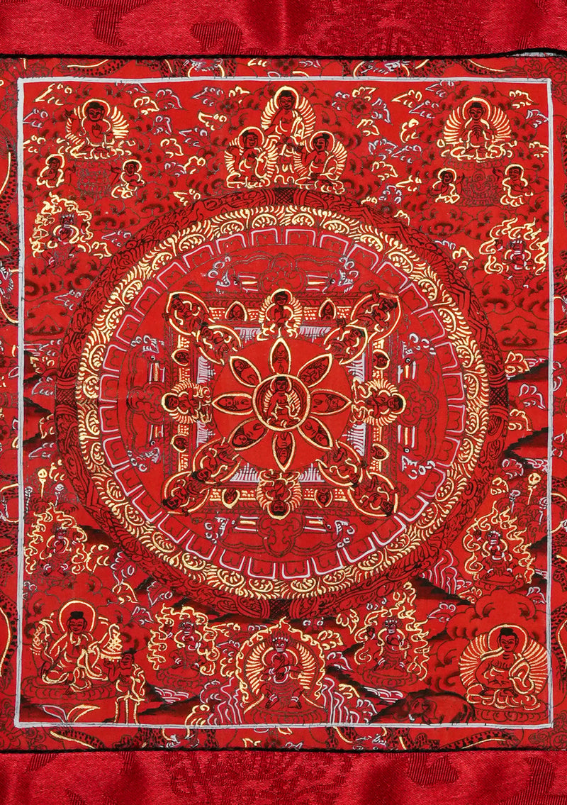 Red Mandala with Buddha Thangka Painting with Brocade