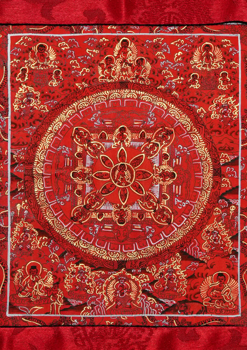 Red Mandala with Buddha Thangka Painting with Brocade